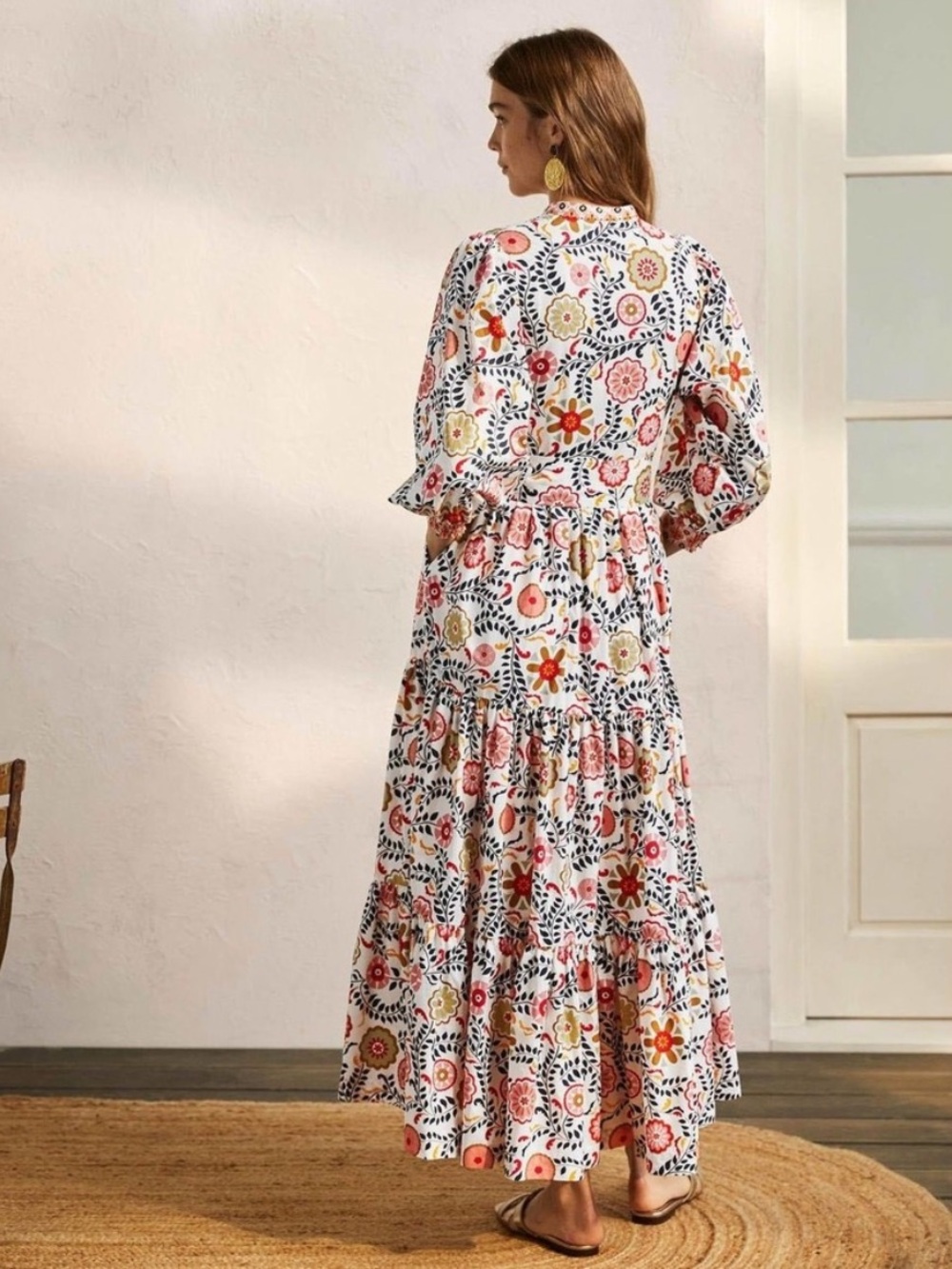 Boden Ava Tiered Maxi Dress Belted White Floral Print Puff Sleeve US 6P $210 - Picture 3 of 13